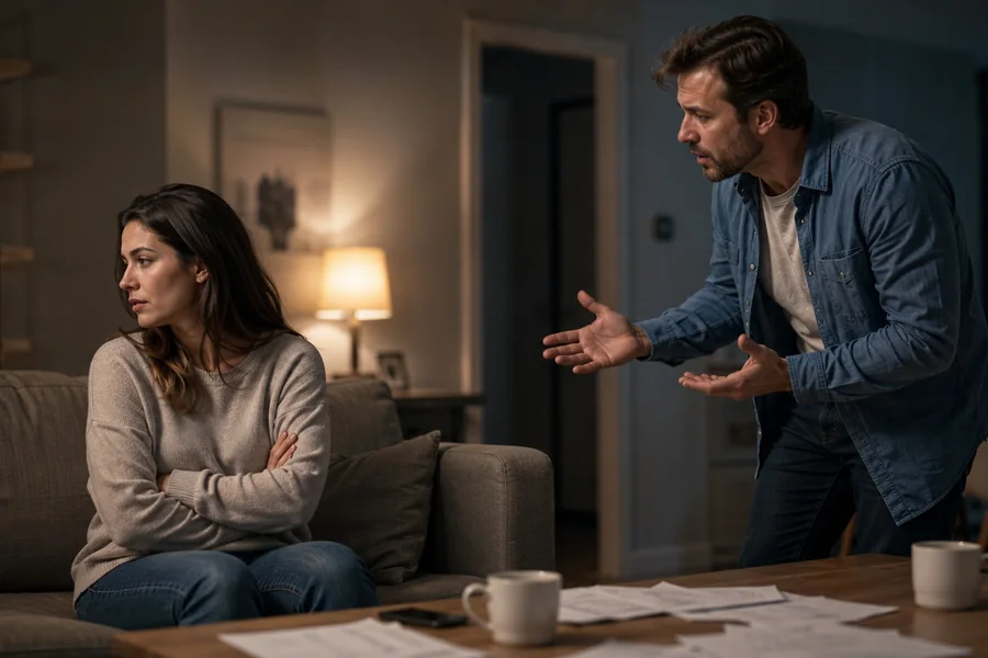 A couple sitting apart in a dim living room, turned away from each other