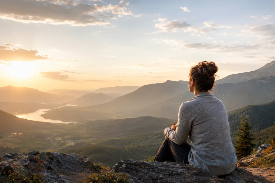 A woman sitting on a mountain ridge looking out over a valley at sunrise